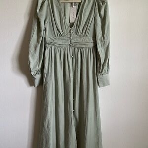 Anthropologie By the River Long Sleeve Stripe Sage Green Midi Dress Small